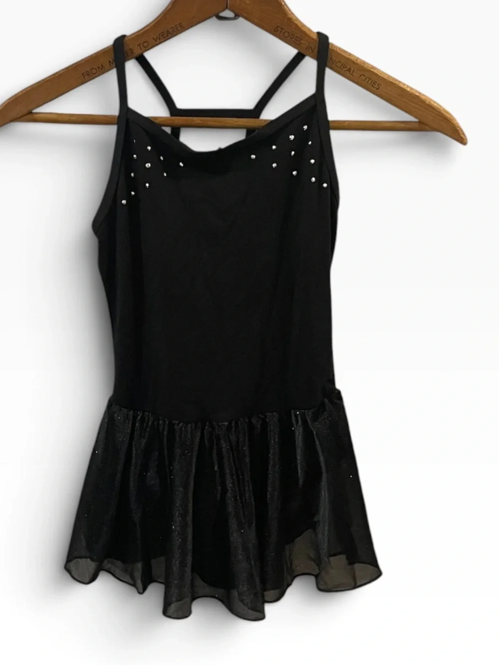 Moret Kids Black Sparkle Skirted Dance Leotard with Rhinestone Detail Size 8/10